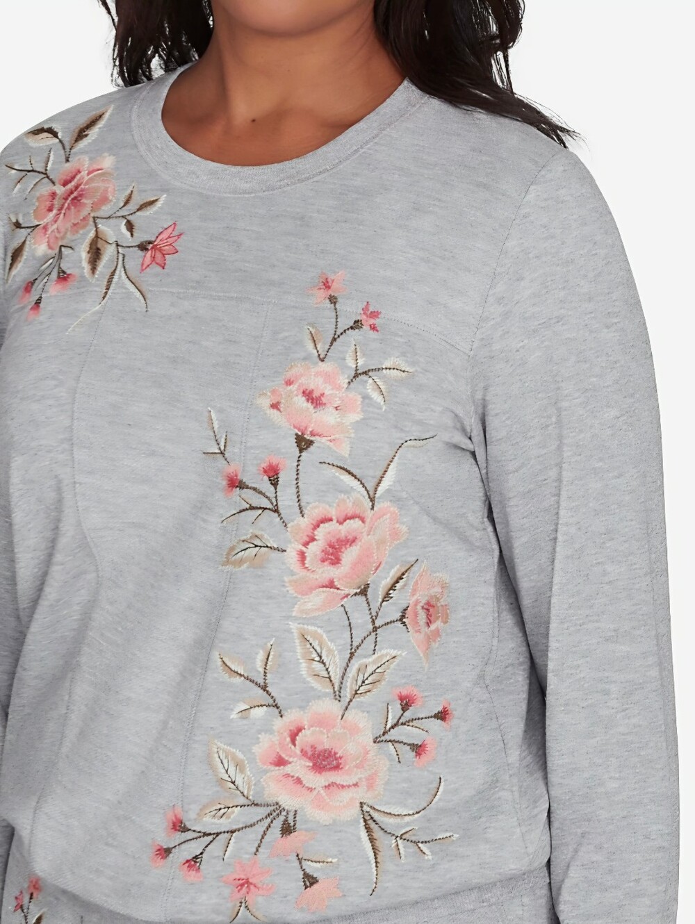 Alfred Dunner Light Gray Sweatshirt with Pink Floral Embroidery
